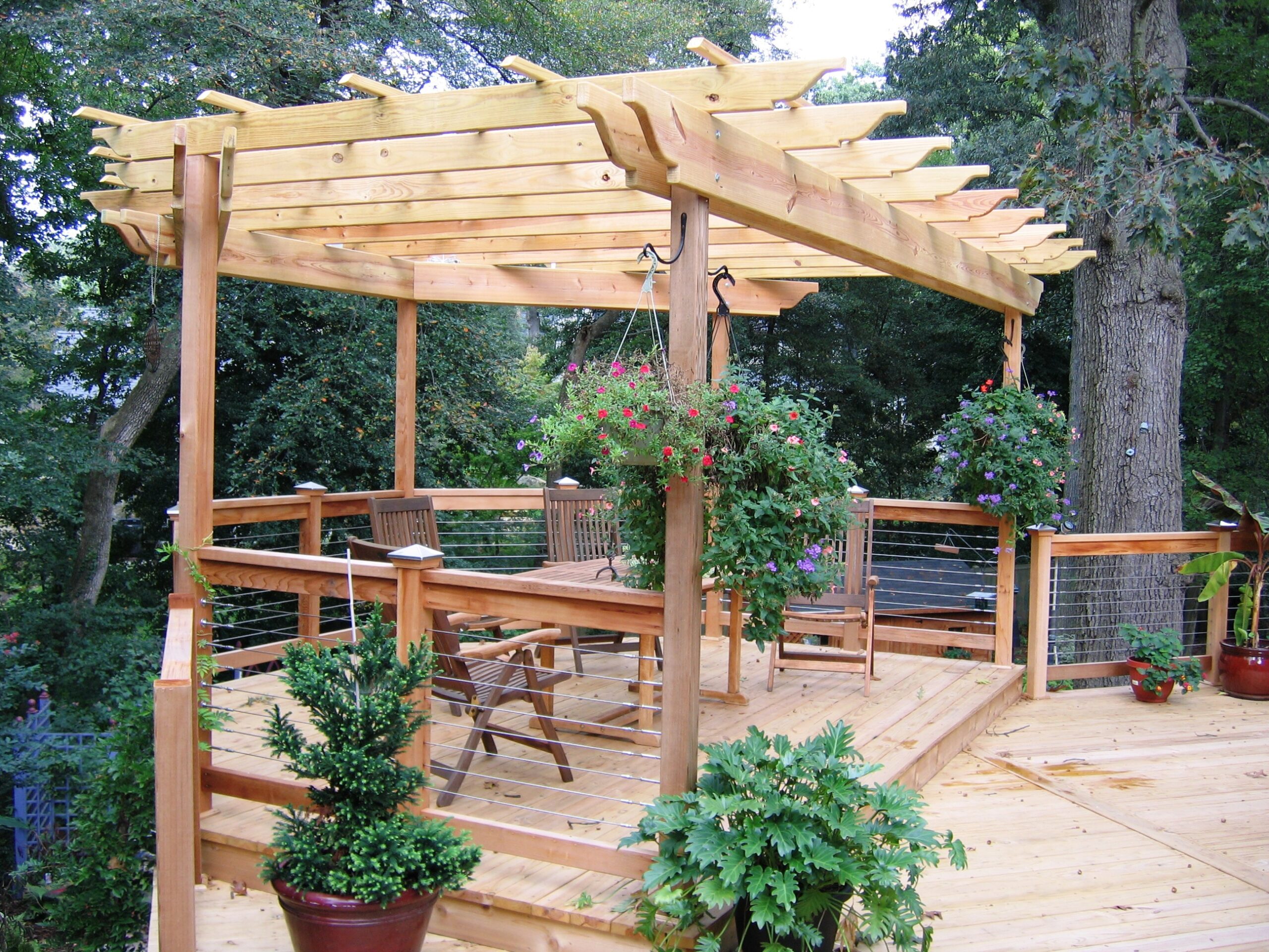 wood deck with pergola and plants